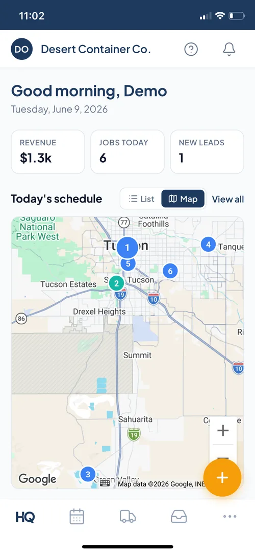 Dumpster software dashboard showing today's deliveries, revenue, and container dispatch map