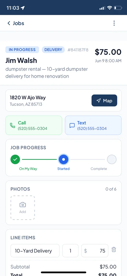 Dumpster tracking software job detail with progress tracker and line items