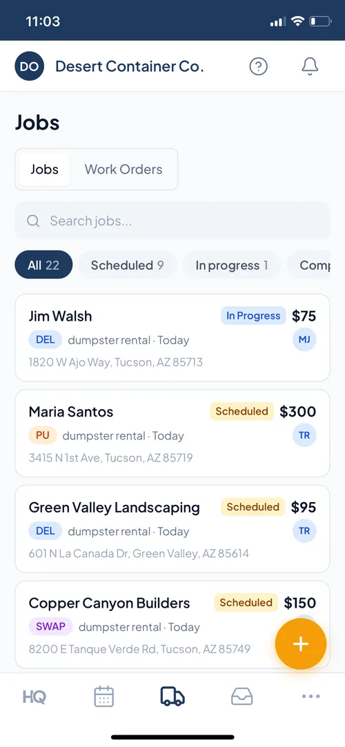 Roll off container software job list with delivery, pickup, and swap trip types