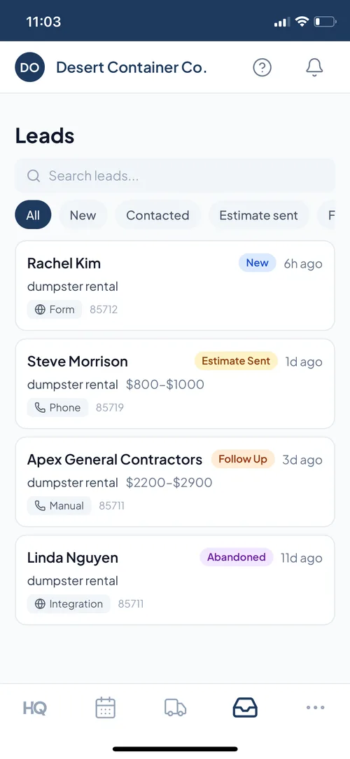 Dumpster management software lead pipeline with estimate tracking and source attribution