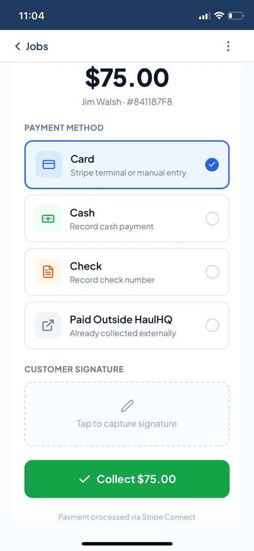 Collecting dumpster rental payment on-site with signature capture in HaulHQ