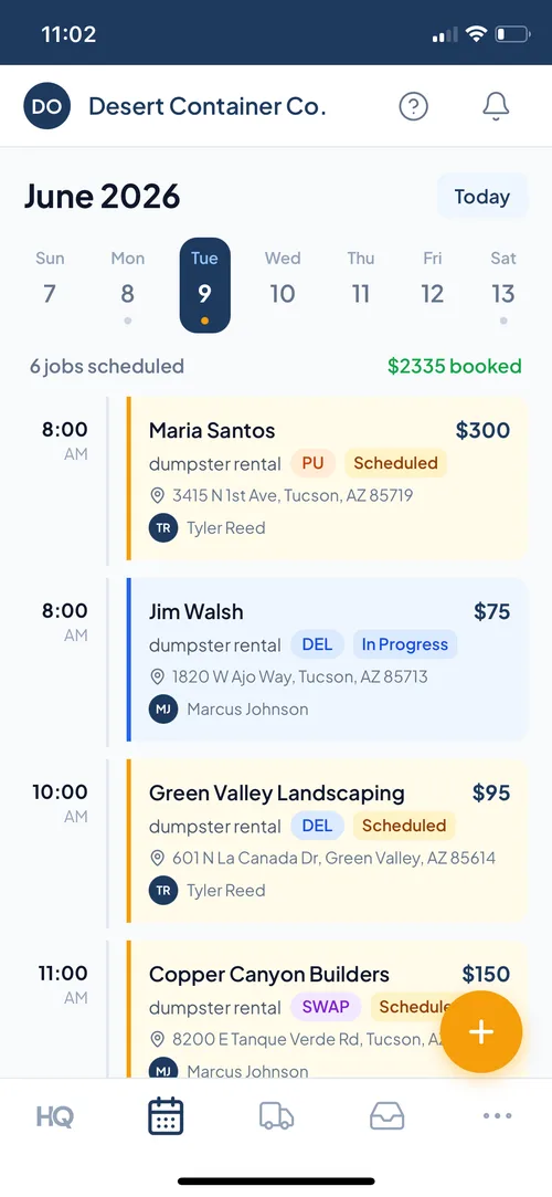 Dumpster rental software scheduling with daily trip timeline and crew assignments