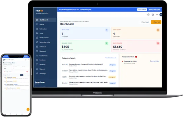 HaulHQ hauling business software dashboard on desktop and mobile, showing junk removal and dumpster rental leads, jobs, revenue, and schedule