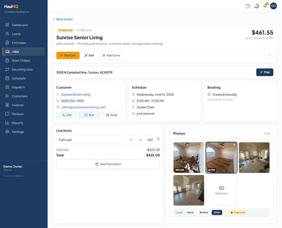 HaulHQ app job detail showing customer info, line items, and before-after job photos