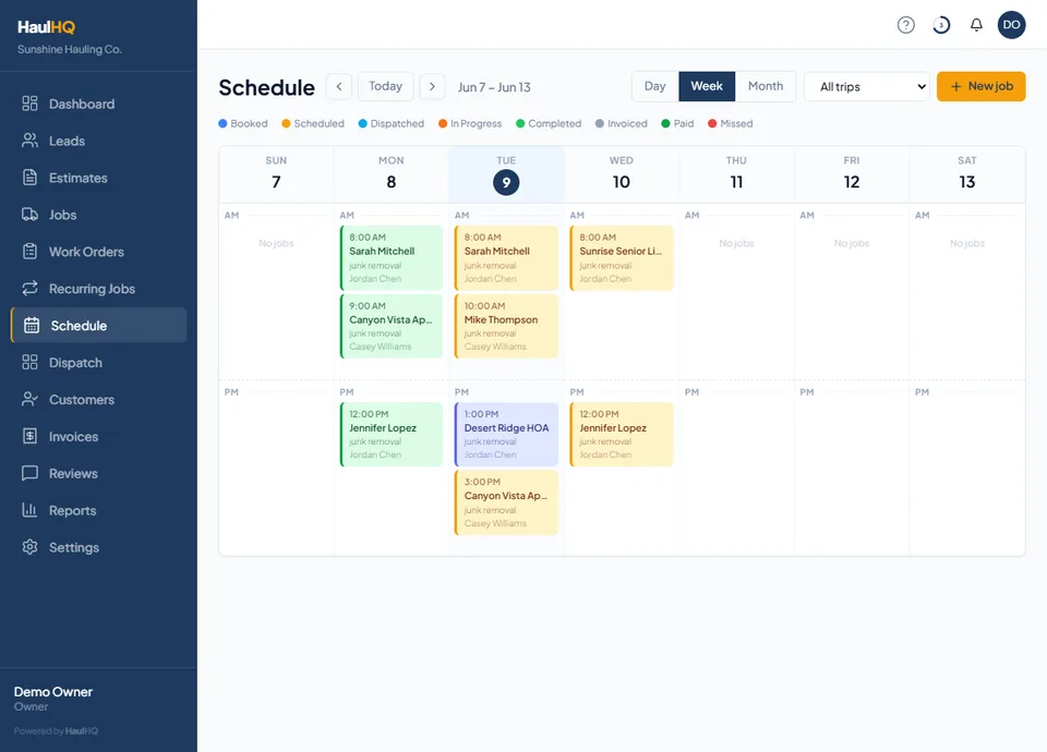 HaulHQ software weekly schedule showing crew assignments and booked revenue