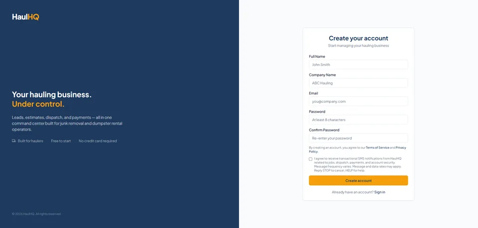 HaulHQ software signup page with quick account creation for hauling businesses
