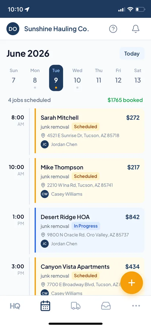 Junk removal scheduling software with daily job timeline and crew assignments