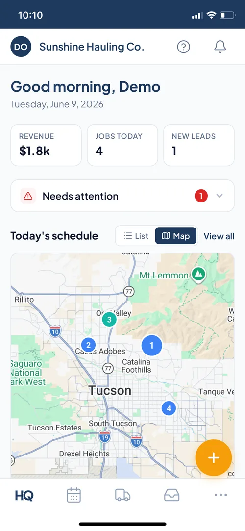 Junk removal app dashboard showing today's jobs, revenue, and dispatch map