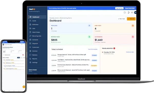 Junk removal software dashboard on desktop and mobile, showing a hauler's jobs, revenue, and schedule in HaulHQ
