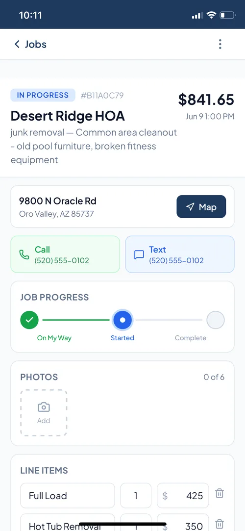 Junk removal app job detail with progress tracker, photos, and line items