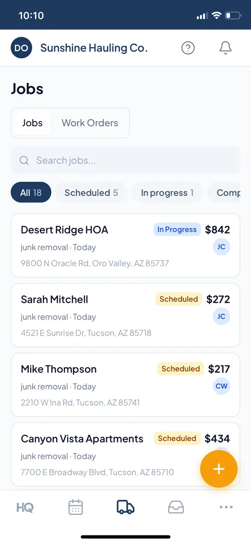 Junk removal business software job list with statuses and pricing
