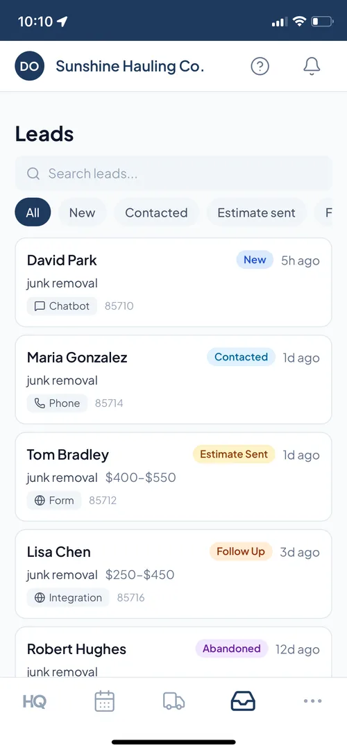 Junk removal leads app with pipeline tracking and source attribution
