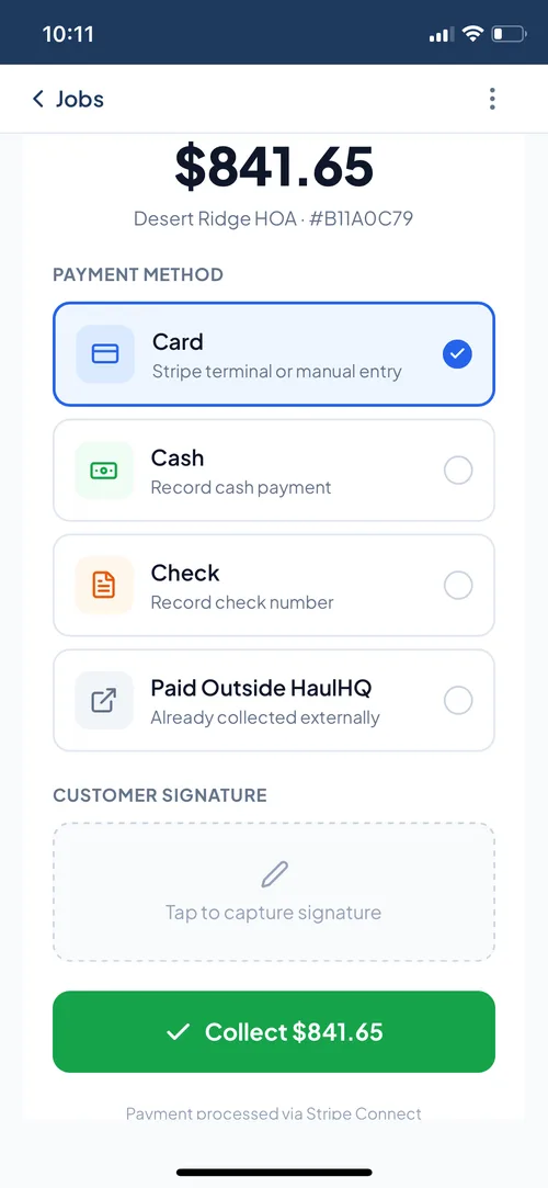 Collecting junk removal payment on-site with signature capture in HaulHQ