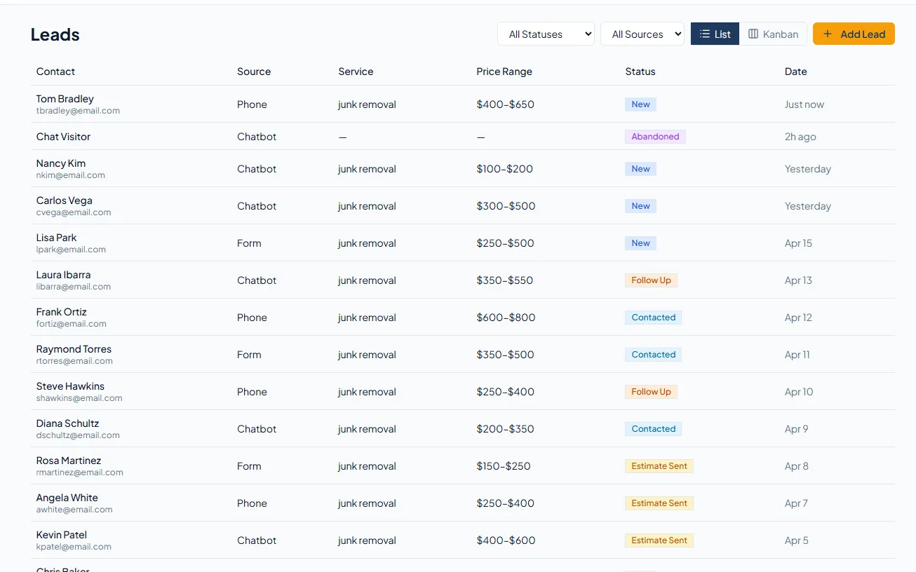 HaulHQ dashboard showing today's jobs, revenue summary, and lead pipeline